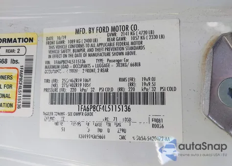 2020 Ford Mustang Gt Premium Fastback из США, поврежденный, VIN 1FA6P8CF4L5115136